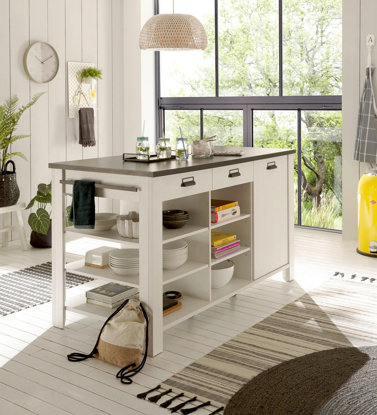 KÜCHENINSEL weiß Pinie, anthrazit Landhaus 162 cm, Kochinsel freistehend - Anthrazit/Schwarz, Holzwerkstoff/Metall (162/93/77cm) - Furn.Design