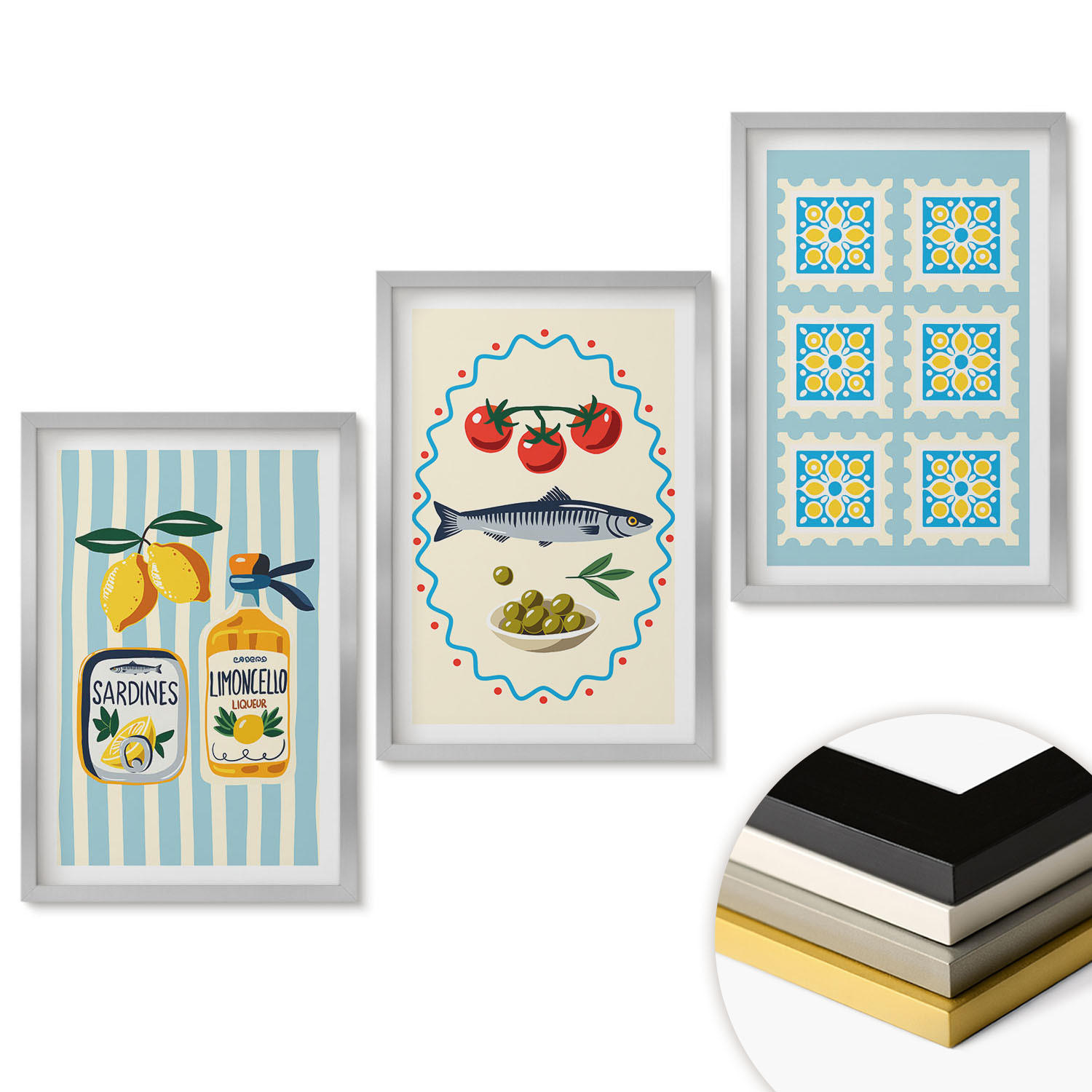 WANDBILDER 3er Set - 40x60 cm Silberner Rahmen - Illustrationen von Küchen im mediterranen Stil - Silberfarben, Kunststoff (40/60cm) - ArtPrintCave