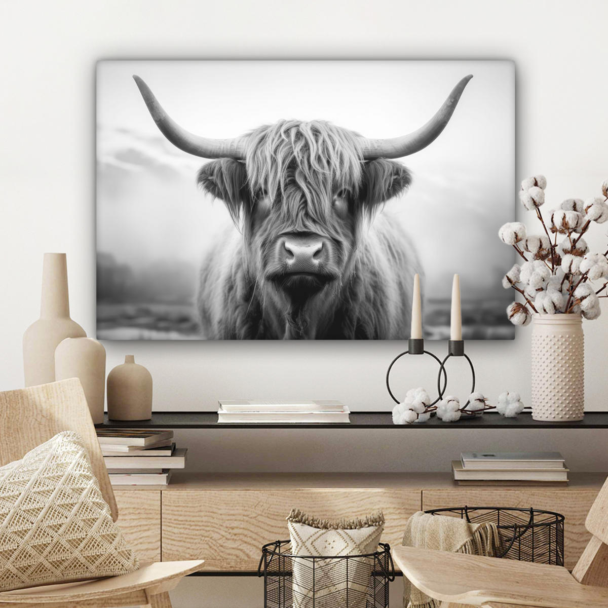 LEINWANDBILD - Schottischer Highlander - Nebel - Schwarz - Weiß - 60x40 - Wanddeko Schlafzimmer - Grau, Textil (60/40cm) - MuchoWow