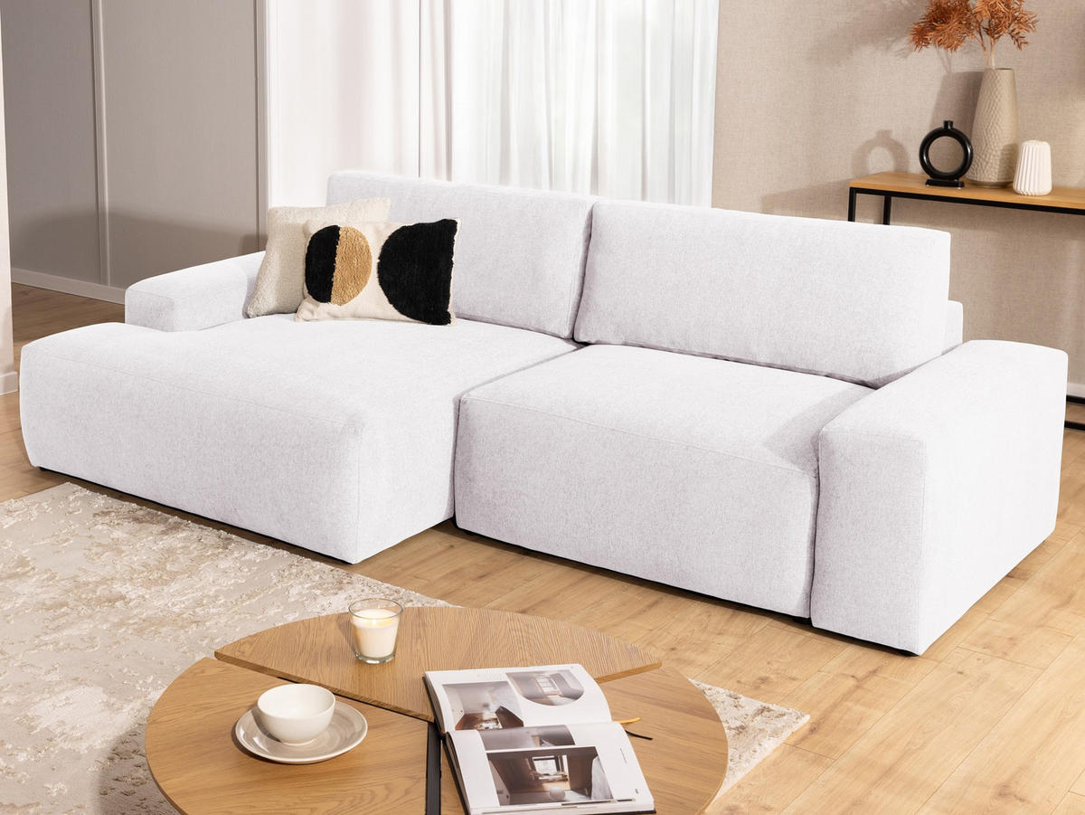 ECKSOFA Lennon aus Creme Strukturstoff mit Schlaffunktion und Bettkasten - Creme/Schwarz, Holz/Kunststoff (137/264cm) - S-Style