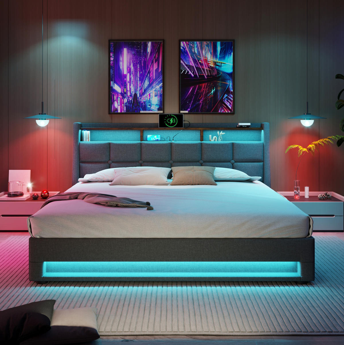 POLSTERBETT 160/200 cm mit LED & USB, klappbarer Bettkasten, Leinenbezug, Grau - Grau, Textil (160/200cm) - Redom