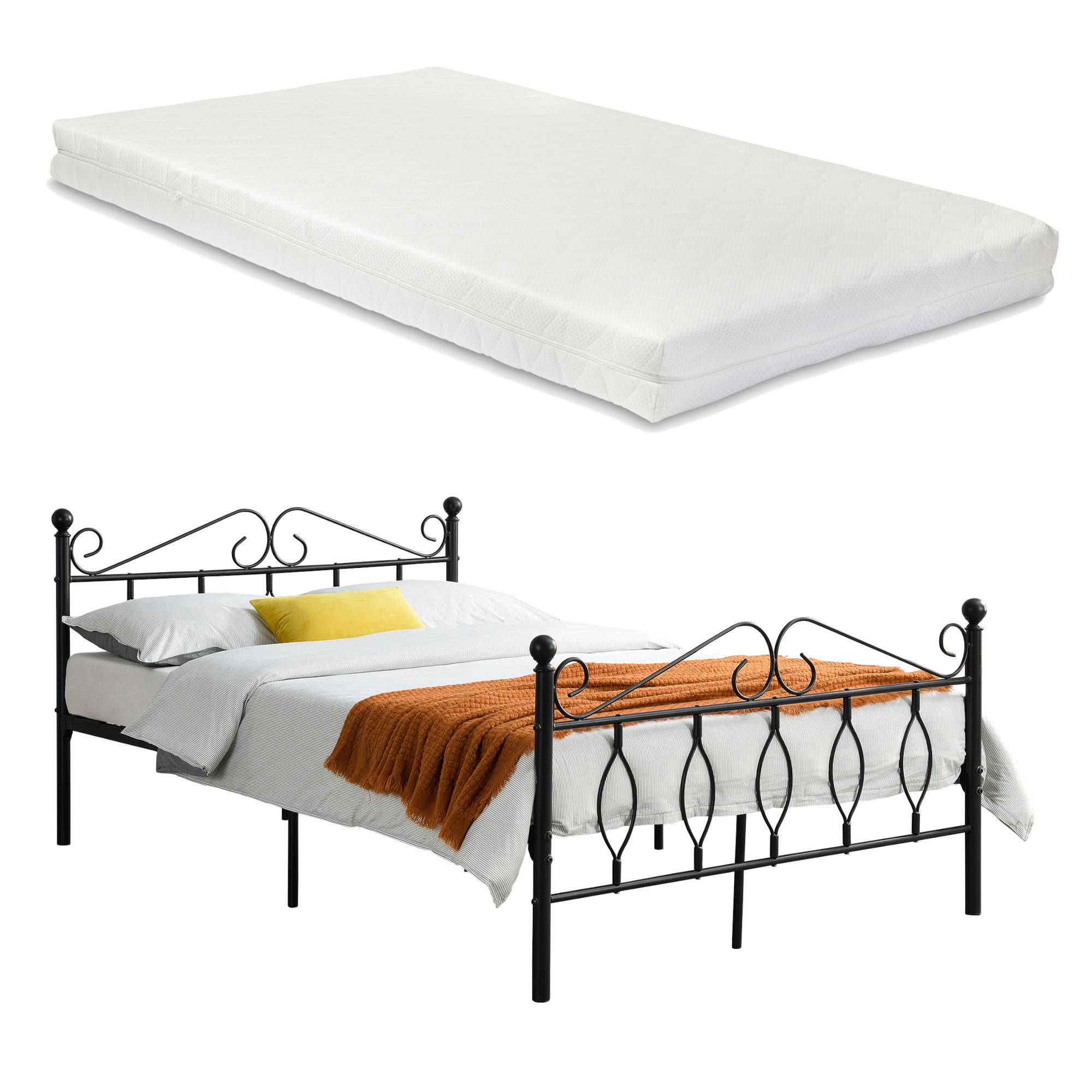 METALLBETT Apolda mit Matratze - Schwarz, Textil/Metall (140/200cm) - [en.casa]