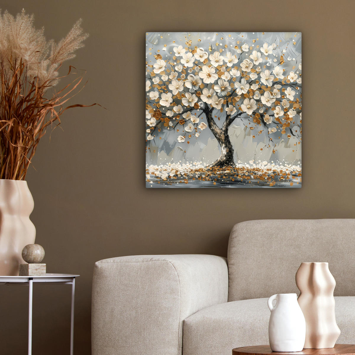 LEINWANDBILD Baum - Blumen - Weiß - Natur - Kunst Wandbild Wohnzimmer 50x50 cm - Weiß, Textil (50/50cm) - MuchoWow