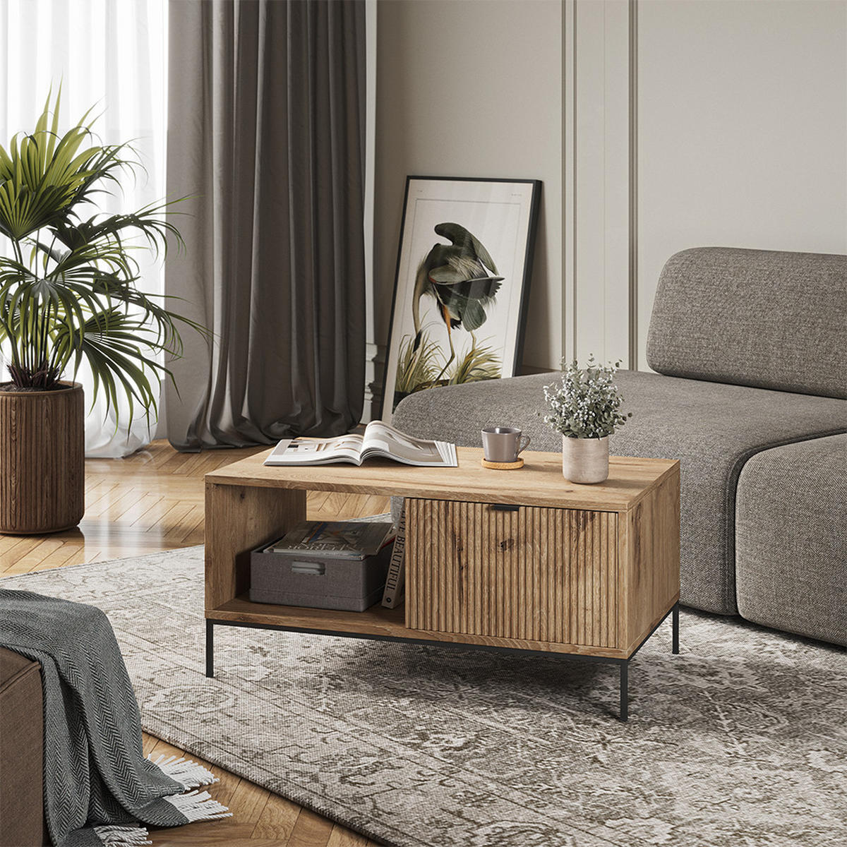 COUCHTISCH Eliza Viking Oak 90 x 50 cm mit einer Schublade - Eiche Wotan, Holzwerkstoff (50/90/45cm) - Vicco