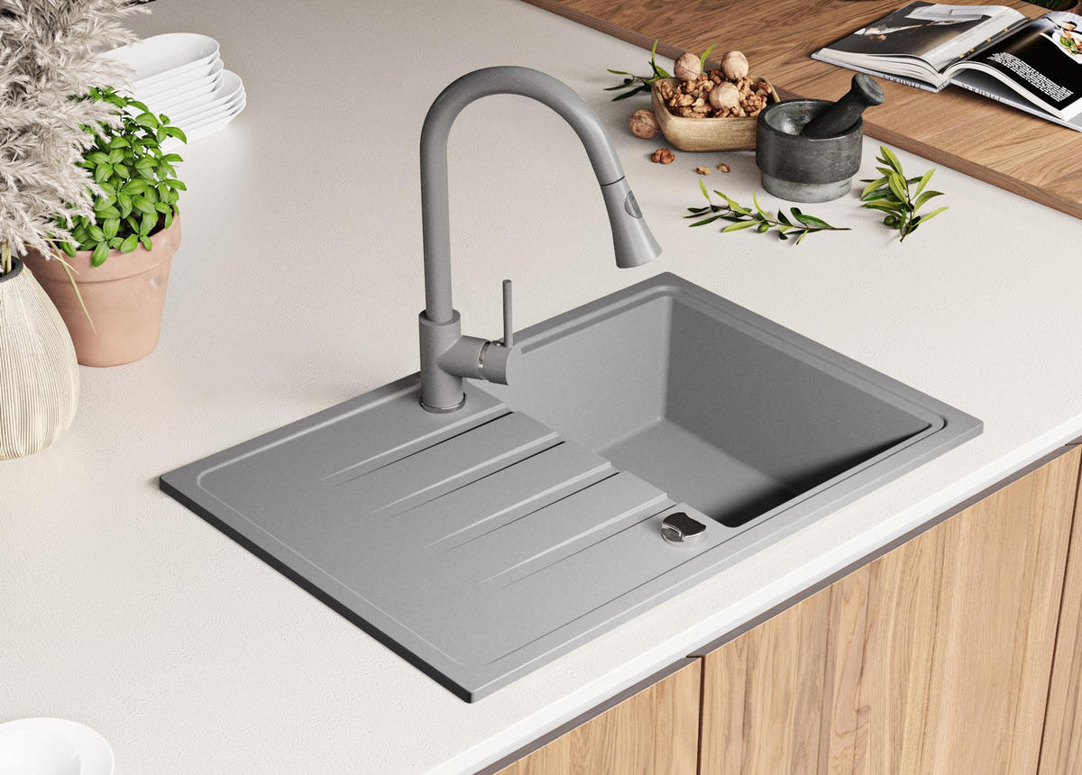 SPÜLBECKEN Mailand, 2-er set Grau 78/50 cm 1 Becken + Ablauf-Set ab 45er Unterschrank - Chromfarben/Grau, Kunststoff (78/19/50cm) - Primagran