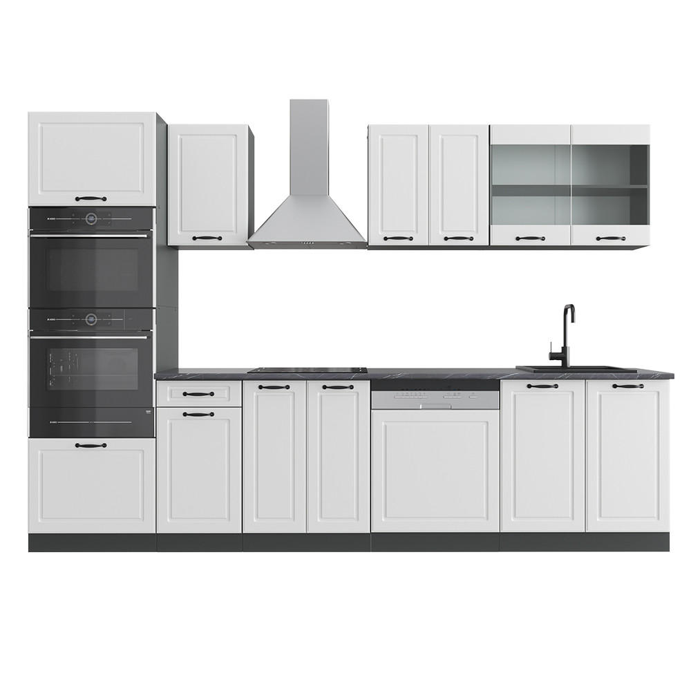 Vicco KUCHYŇSKÝ KOUT R-Line Bílý venkovský dům 300 cm s vysokou skříní, bez pracovní desky
