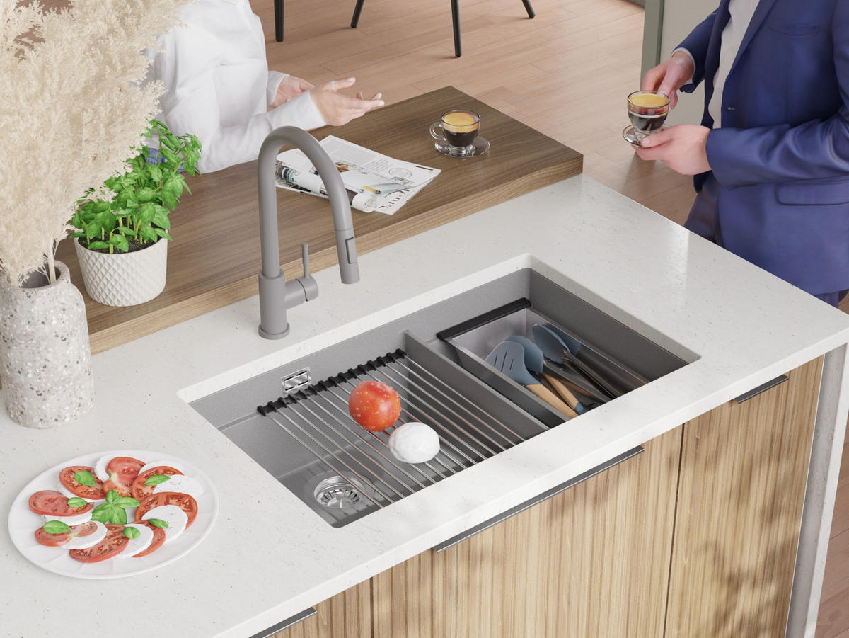 GRANITSPÜLE Praga Slim Duo, 2-er set Grau 76/47 cm 2 Becken + Küchenarmatur 40/20 cm + Ablauf-Set + Aufrollbare Abtropffläche ab 80er Unterschrank - Chromfarben/Grau, Kunststoff (76/20/47cm) - Primagran