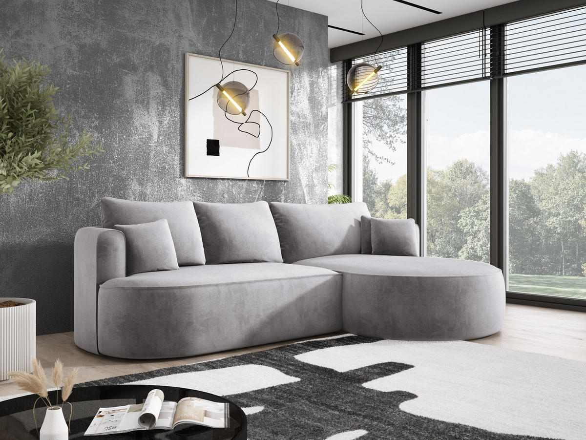 ECKSOFA FIORE L-förm Moderne Ausziehbare Schlaf-Funktion, automatischer Auffaltung, lose Rückenkissen freistehend RECHTS 284x183x82cm Grey - Grau, Holz/Textil (284/183cm) - DomoHome
