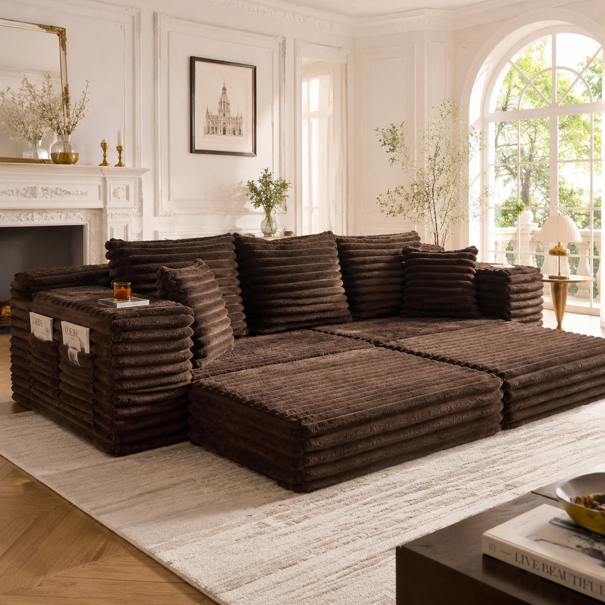 SCHLAFSOFA 4-Sitzer Corduroy Taupe modular mit hoher Rückenlehne, Seitentaschen und Getränkehaltern - Taupe, Textil (38.58/34.25/107.48cm) - Luhomfu