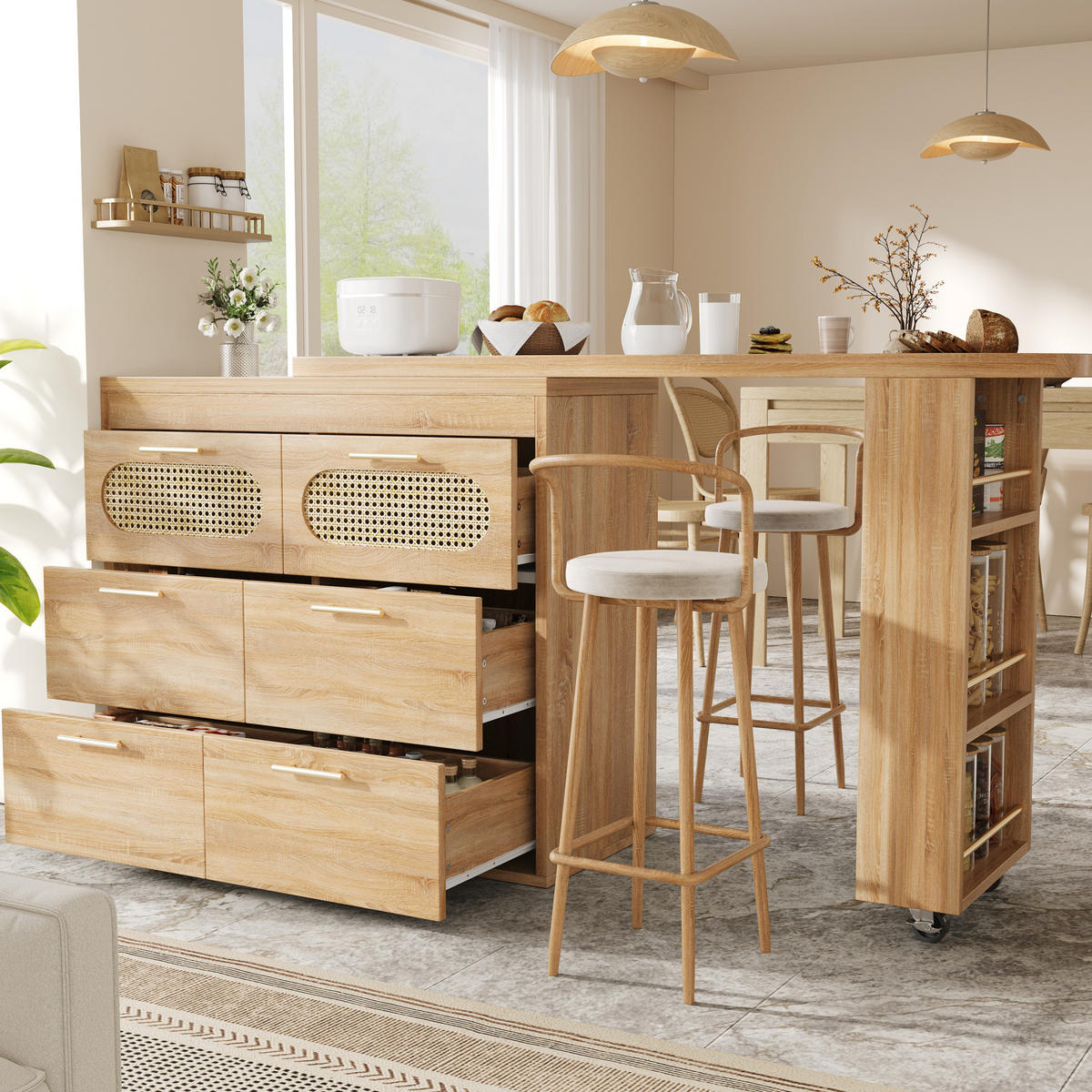 BARTISCH 128-203/39/90 cm drehbar mit 6 Schubladen, Ablagefach und Kippsicherung, MDF mit PE-Rattan, Natur - Naturfarben, Holzwerkstoff (39/203/90cm) - Redom