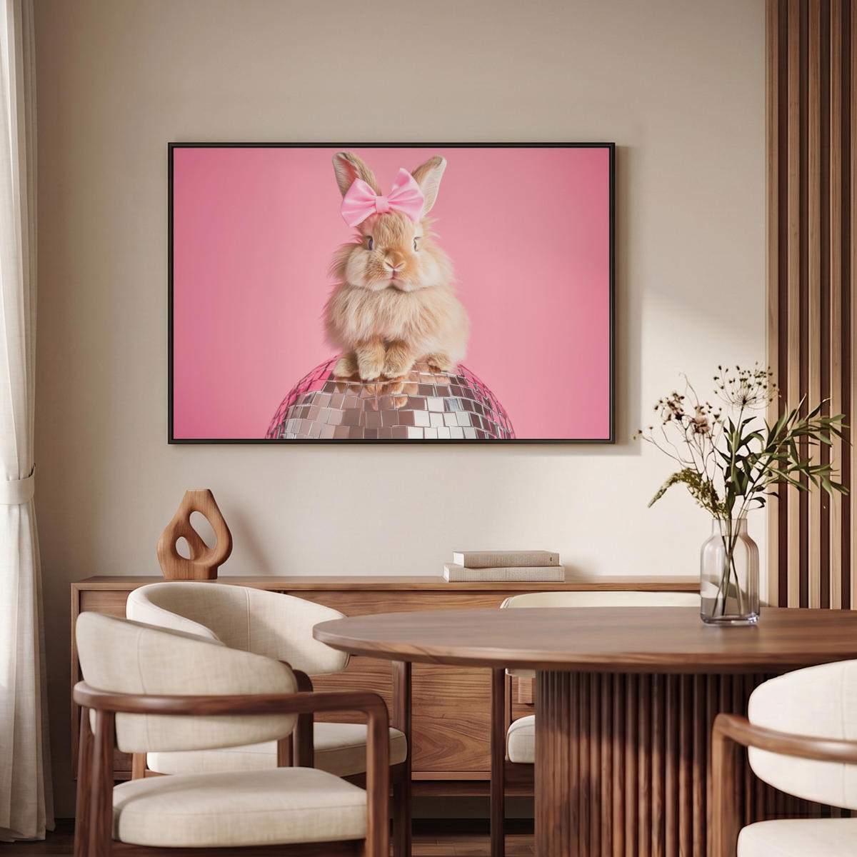 LEINWAND Bilder mit Rahmen - Schleife - Discoball - Kaninchen - 90x60 - Pink, Textil (90/60cm) - MuchoWow