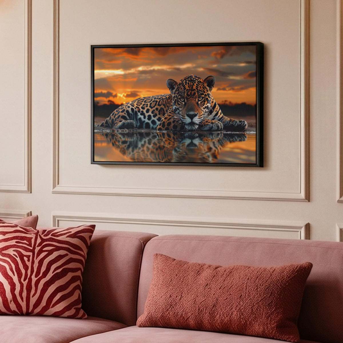LEINWAND Bilder mit Rahmen - Natur - Leopard - Tier - Sonnenuntergang - Modern - 60x40 - Orange, Textil (60/40cm) - MuchoWow