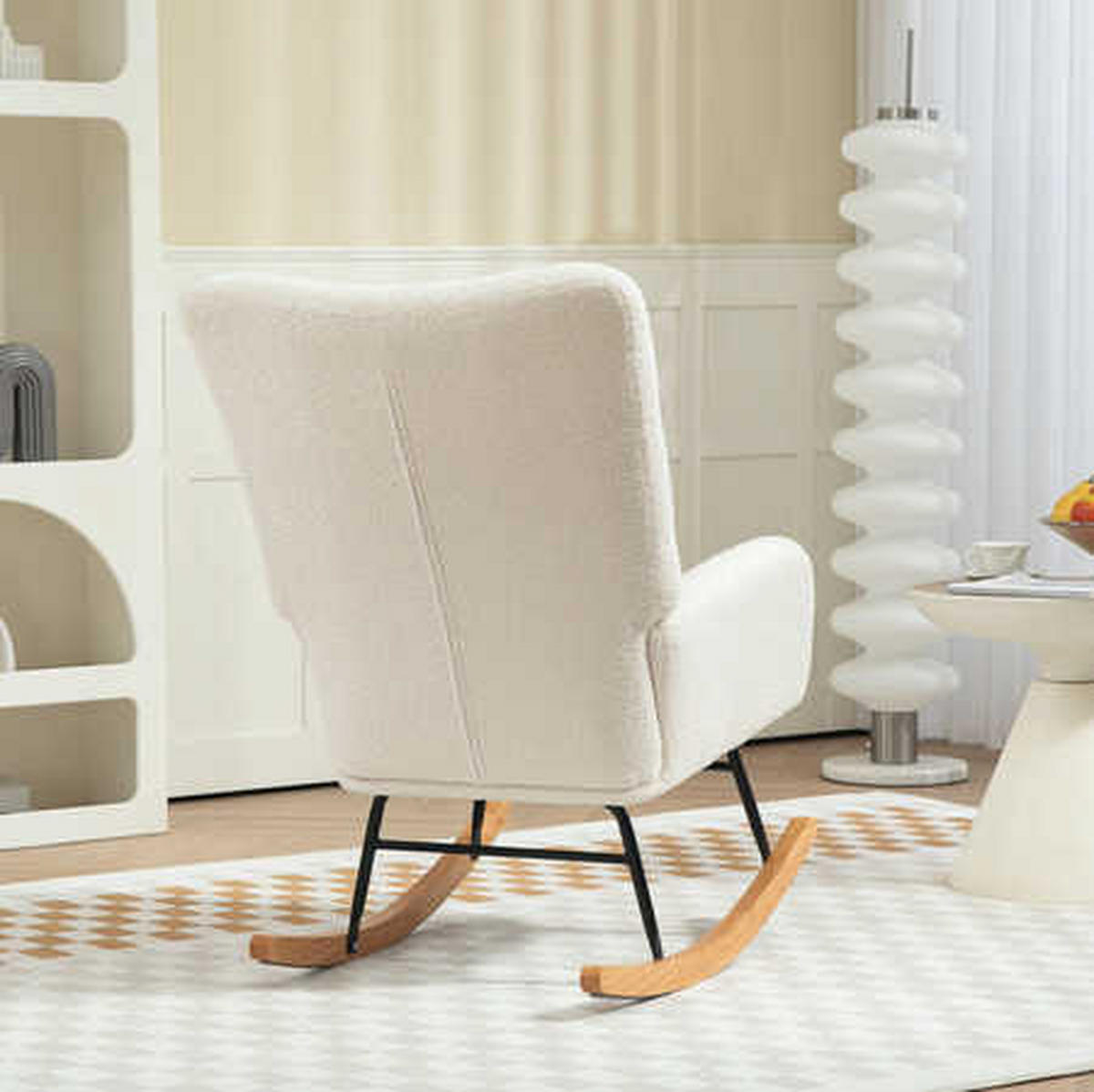 SCHAUKELSTUHL 70/94/100 cm in Cremeweiß mit Teddystoff und Holzkufen - Creme, Textil (70/100/94cm) - Flora Grace