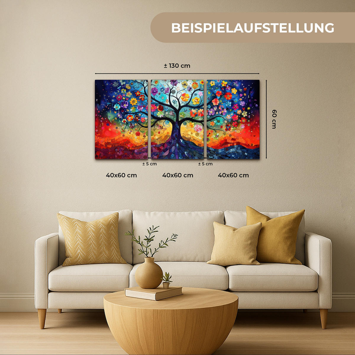 LEINWANDBILD 3er Set Bunt - Baum des Lebens - Blumen - Abstrakt 120x60 cm - Blau, Textil (120/60cm) - MuchoWow
