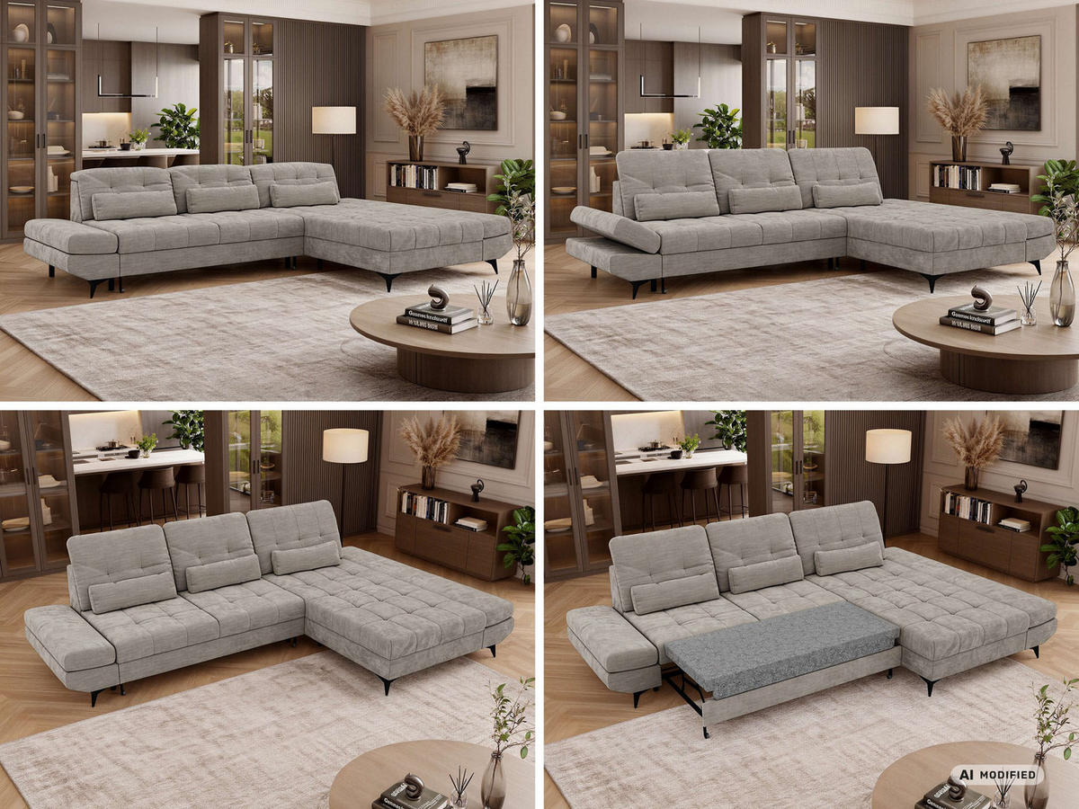 ECKSOFA ALVENO L - Hellgrau Schenille glatt - Rechts Seite - Hellgrau/Schwarz, Textil/Metall (344/218cm) - MKS