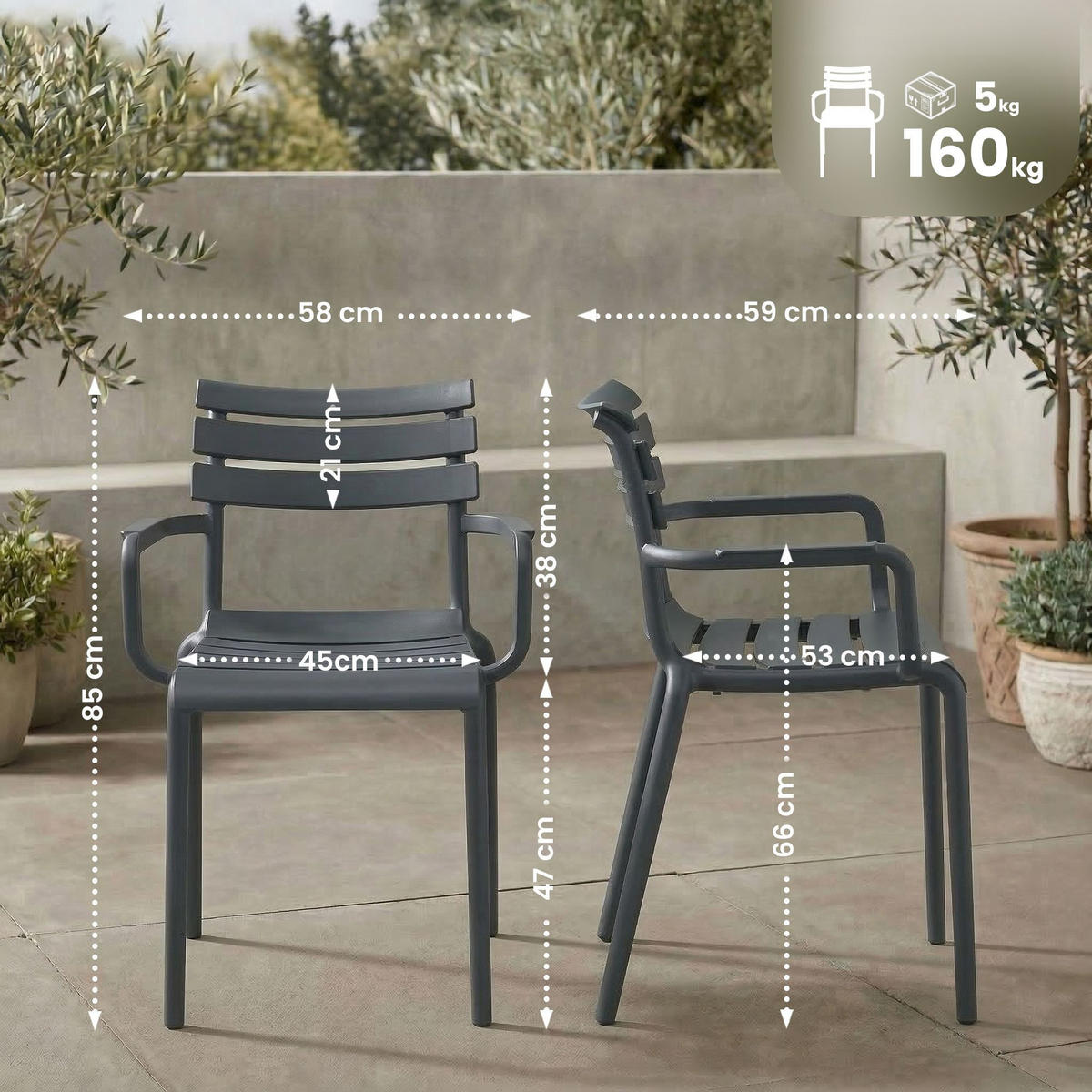 GARTENSTUHL Kunststoff Dunkelgrau - Dunkelgrau, Kunststoff (58/85/59cm) - CLP