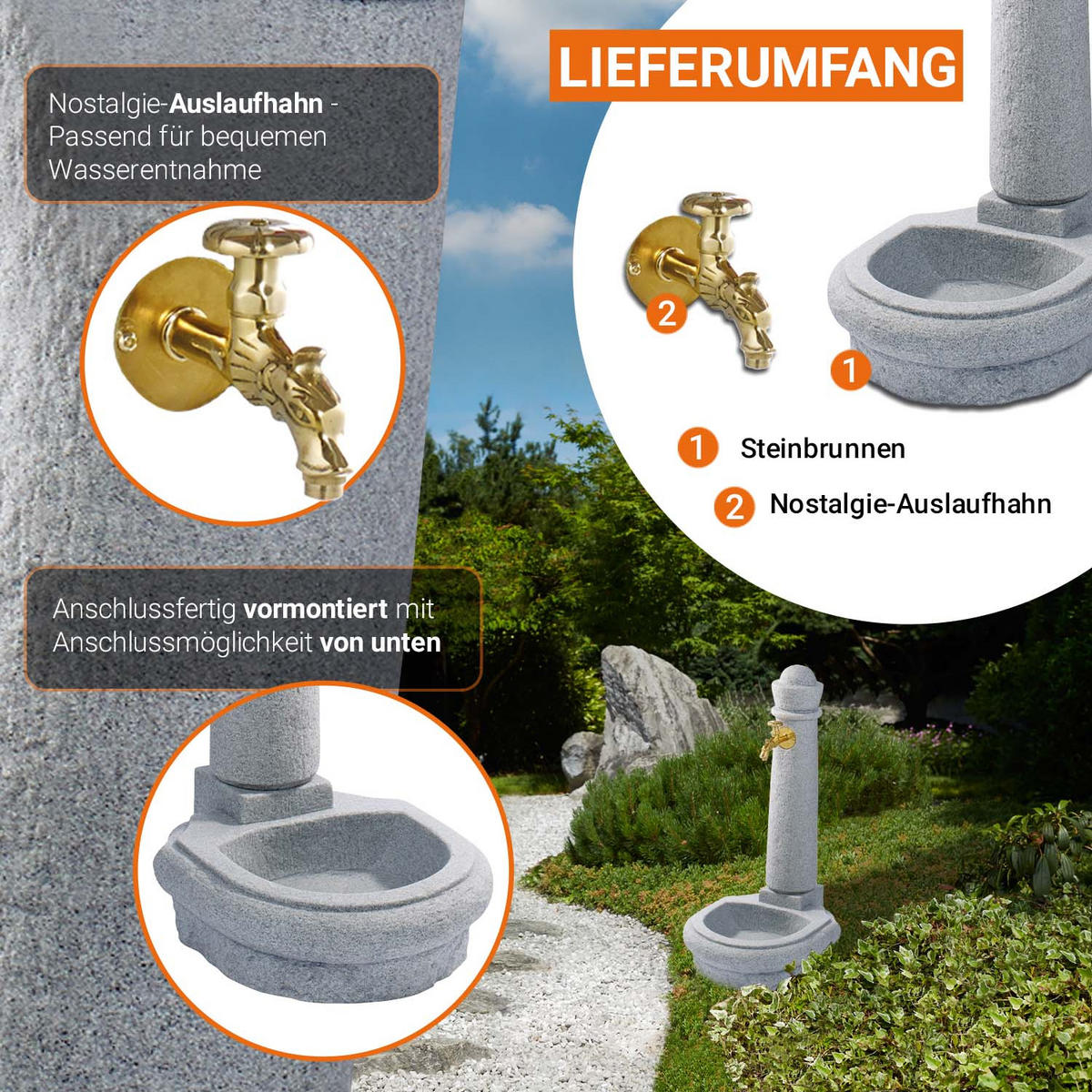 STEINBRUNNEN aus Kunststoff, lighte inkl. Nostalgie-Auslaufhahn - Hellgrau, Kunststoff (44/52/90cm) - GARANTIA
