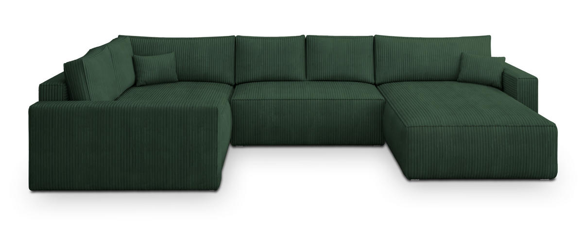 WOHNLANDSCHAFT VELAMI L-S Grün Kordstoff mit Schlaffunktion - Grün, Holz (365/83/194cm) - MASSENO