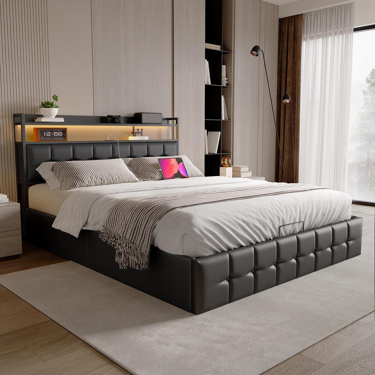 POLSTERBETT 140x190 cm mit LED, USB, Lattenrost, PU, Schwarz - Schwarz, Holz (140/190cm)