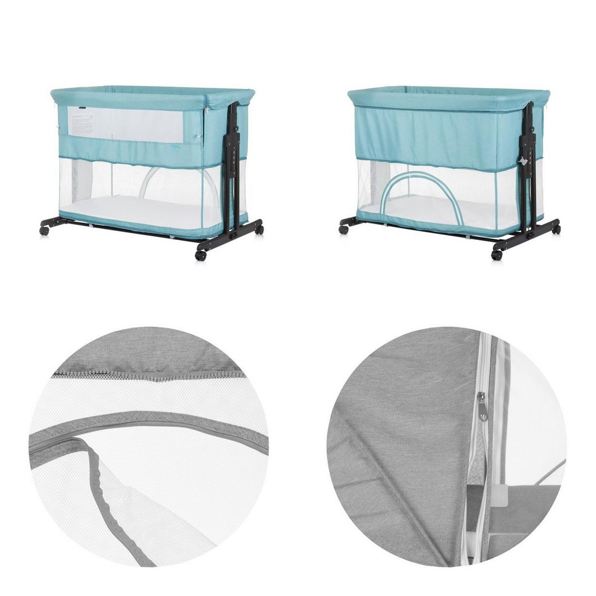 BEISTELLBETT Zen 2 in 1 türkis 96 x 70 cm, Laufstall, 4-fach verstellbar, Anti-Reflux, Moskitonetz - Türkis, Metall (50/90cm) - Chipolino