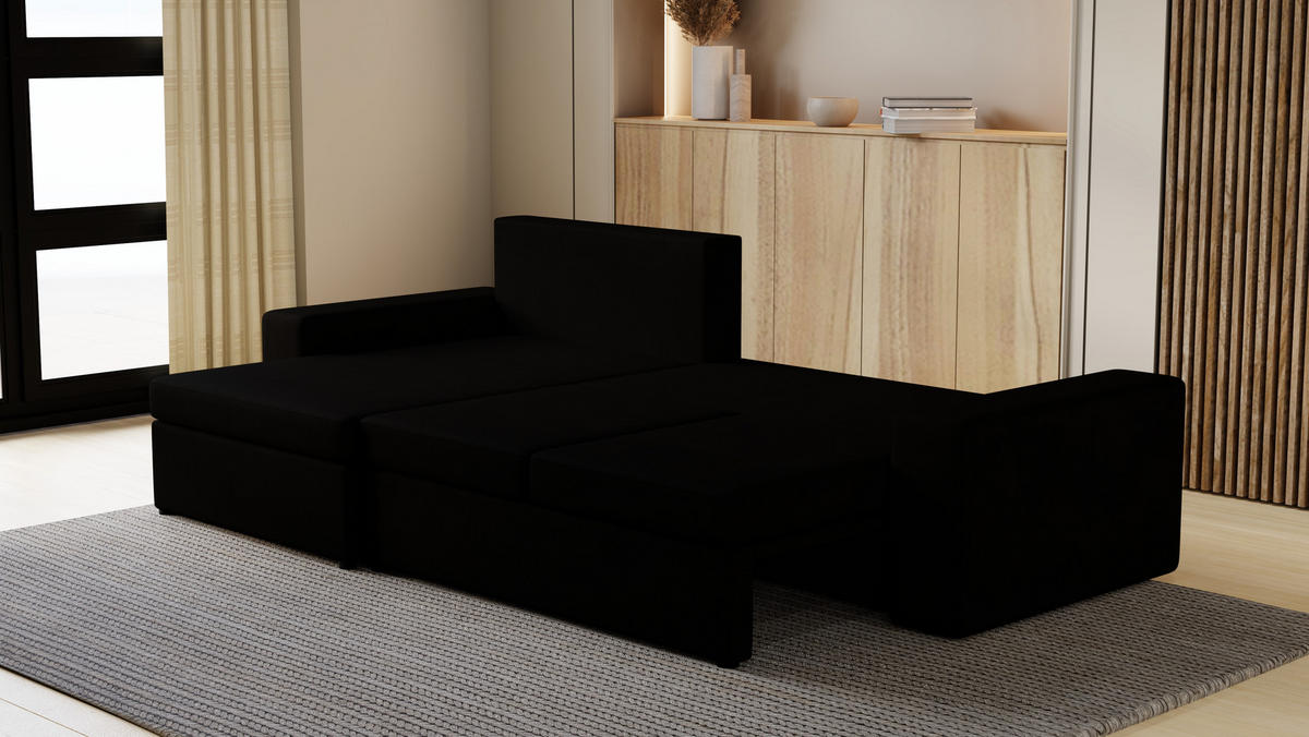 ECKSOFA Paco mit Bettkasten und Schlaffunktion, L-Form/XL-Form, Velourstoff, Universal - Schwarz, Holzwerkstoff (276/145cm) - 4ALL HOME