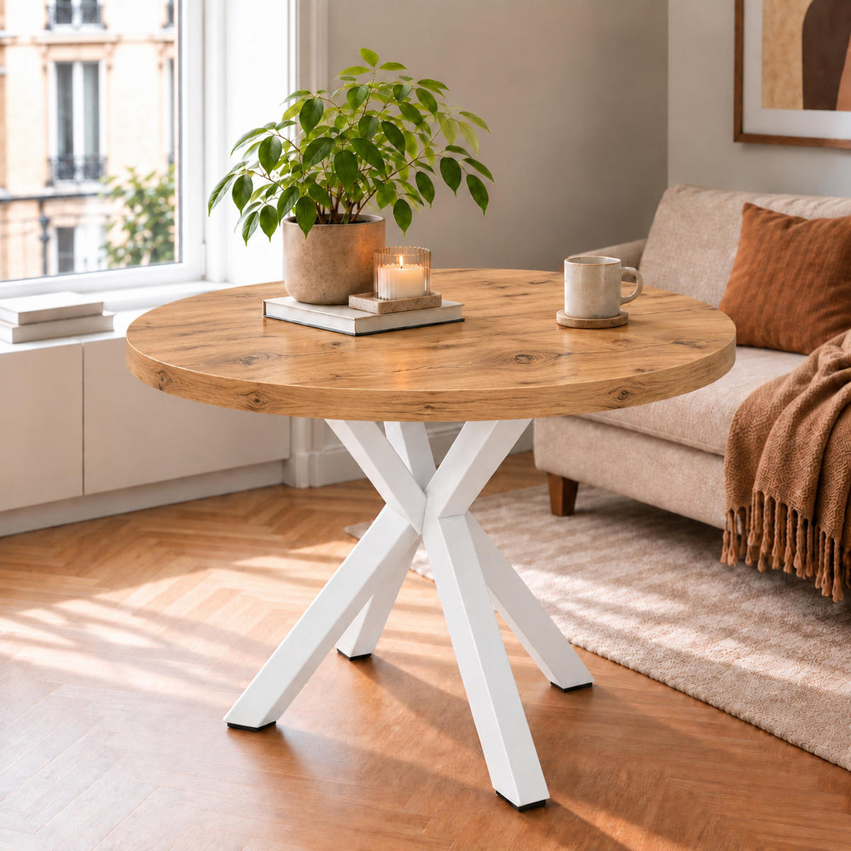 ESSTISCH rund ausziehbar 100/200/76 cm, Eiche Craft, 54 cm Tischplatte + Metall weiß - Honigeiche, Holzwerkstoff/Metall (100/200/76cm) - Damale Möbel