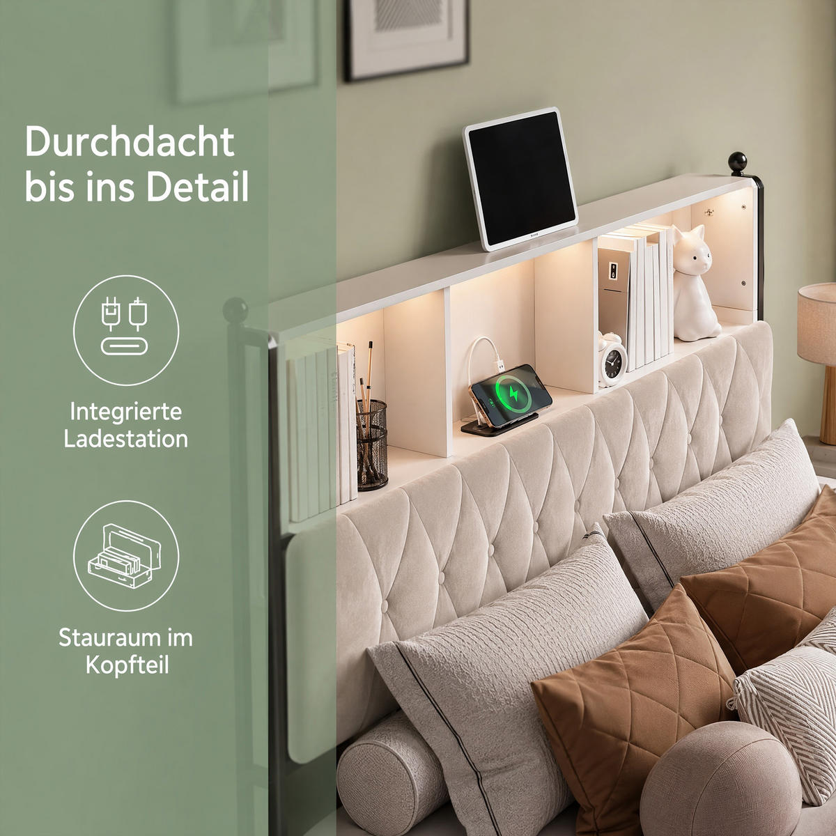 POLSTERBETT 160x200 cm mit USB- und LED-Kopfteil, Bett mit Stauraum und 4 Schubladen, Lattenrost, Samt, Beige - Beige, Holz/Metall (160/200cm) - GENKI LIVING
