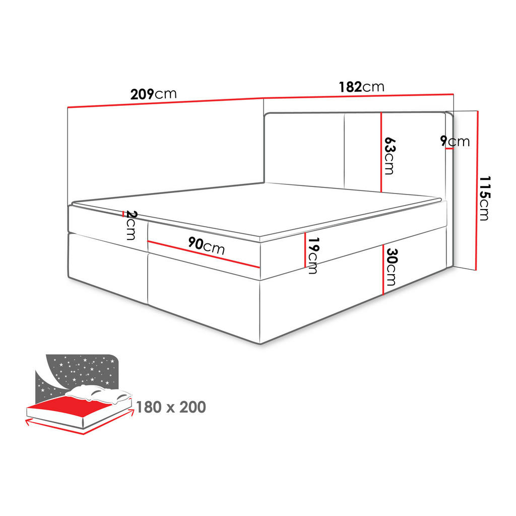 Thumbnail - Mirjan24 Boxbett, Schwarz, Textil, Kiefer, H3, Höhe ca. 19 cm, Rechteckig, 180x200 cm, Schlafzimmer, Betten, Boxspringbe...