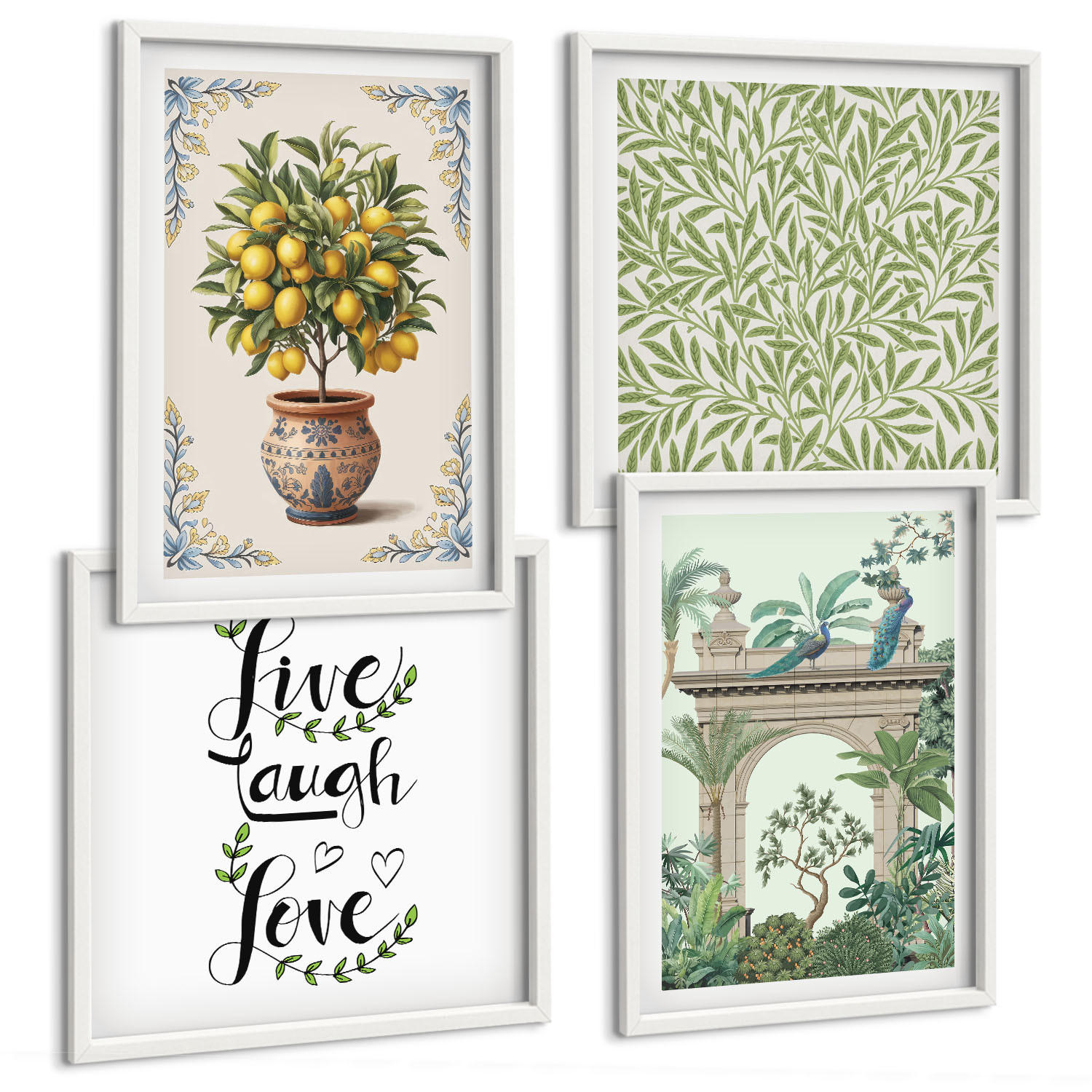 BILDER SET 4er Set - 50x50 cm & 40x60 cm Weißer Rahmen - Grüne Blätter exotischer Pflanzen - Weiß, Kunststoff (50/50cm) - TULUP