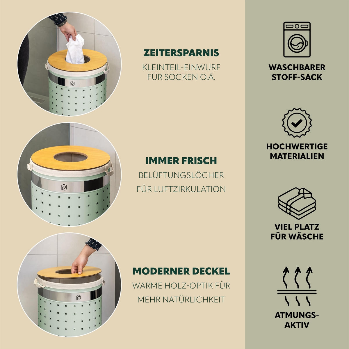 WÄSCHETONNE 50 Liter, grün - Grün, Metall (35.5/57.5/35.5cm) - eluno