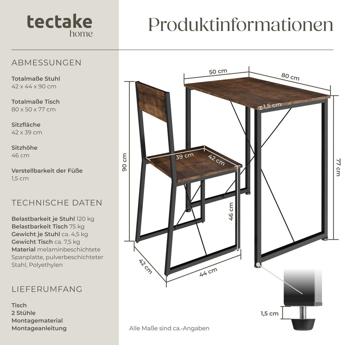 SITZGRUPPE Margate, mit höhenverstellbaren Kunststofffüßen, Industrial Holz dunkel, rustikal - Rostfarben, Holzwerkstoff (80/90/138cm) - tectake
