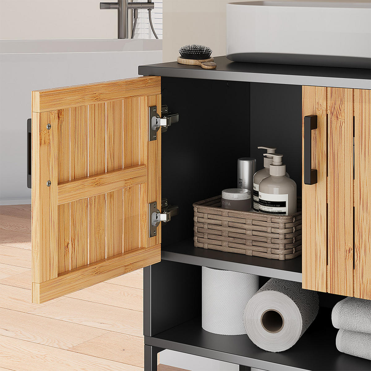 WASCHBECKENUNTERSCHRANK Vayra Bambus 60 x 65.5 cm - Schwarz/Grün, Holzwerkstoff (60/65.5/33cm) - Vicco