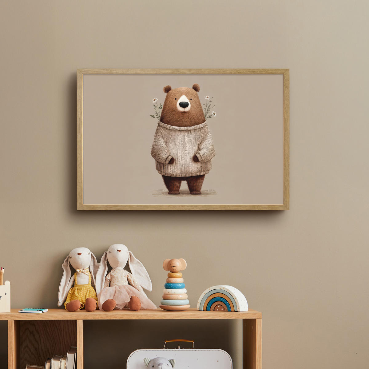 DOBÍJECÍ NOČNÍ LAMPIČKA Medvěd - Bílé květy - Cosy 60x40 cm - šedohnědá, kompozitní dřevo (8/60/40cm) - OnlyWow