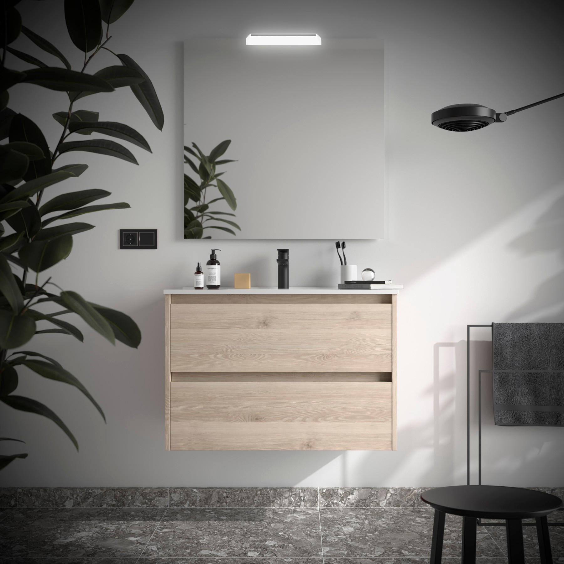 BADEZIMMERMÖBEL NOJA 800 2 Schubladen NATURAL + Waschtisch + Spiegel - Schwarz, Metall (45/54/80cm) - Salgar