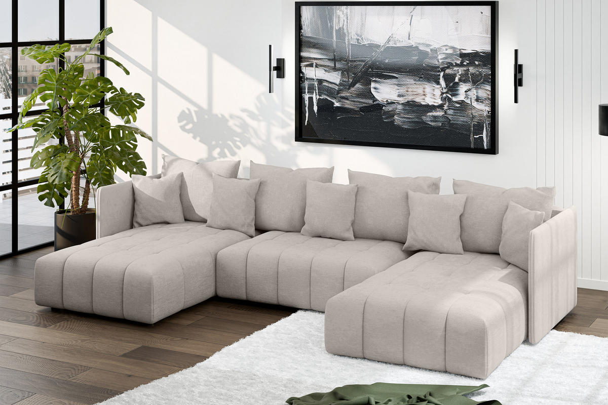 WOHNLANDSCHAFT Veliro U Beige 353/180/83 cm mit Schlaffunktion und Bettkasten - Beige/Schwarz, Kunststoff/Textil (353/83/180cm) - AX Living