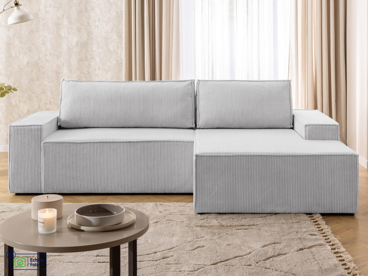 ECKSOFA Rivio mit Schlaffunktion und Bettkasten, Cordstoff Hellgrau - Hellgrau/Schwarz, Holz/Kunststoff (262/149cm) - S-Style