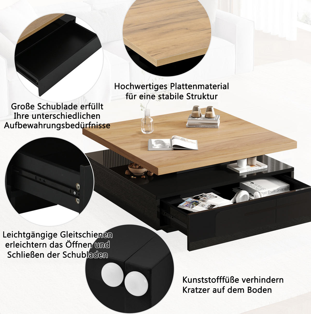 COUCHTISCH 70/70 cm drehbar mit versteckter Schublade in Walnuss/Schwarz - Schwarz, Holzwerkstoff (70/70/36cm) - BEAOK