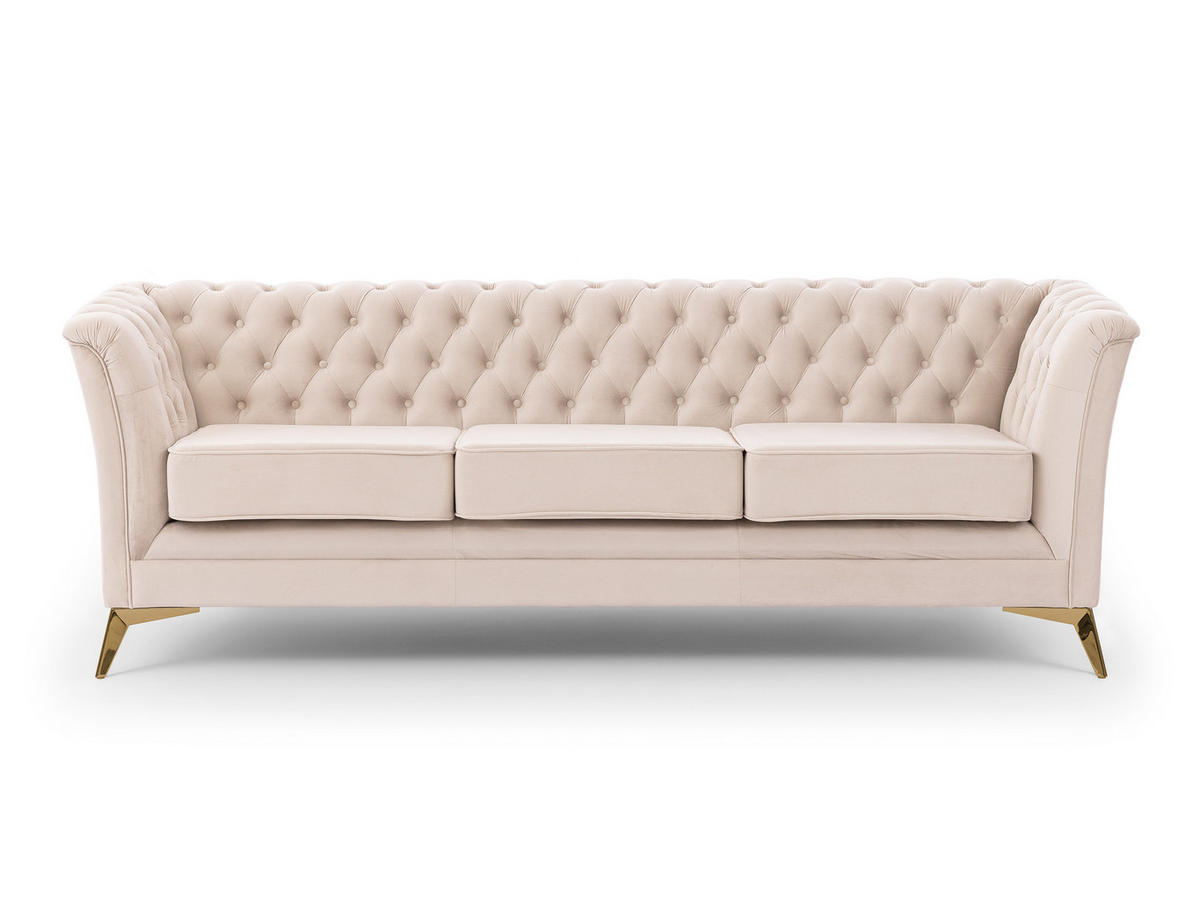 CHESTERFIELD-SOFA 3-sitzer Whitby Beige Samt mit goldenen Füßen - Beige/Goldfarben, Holz/Textil (237/78/82cm) - S-Style Möbel