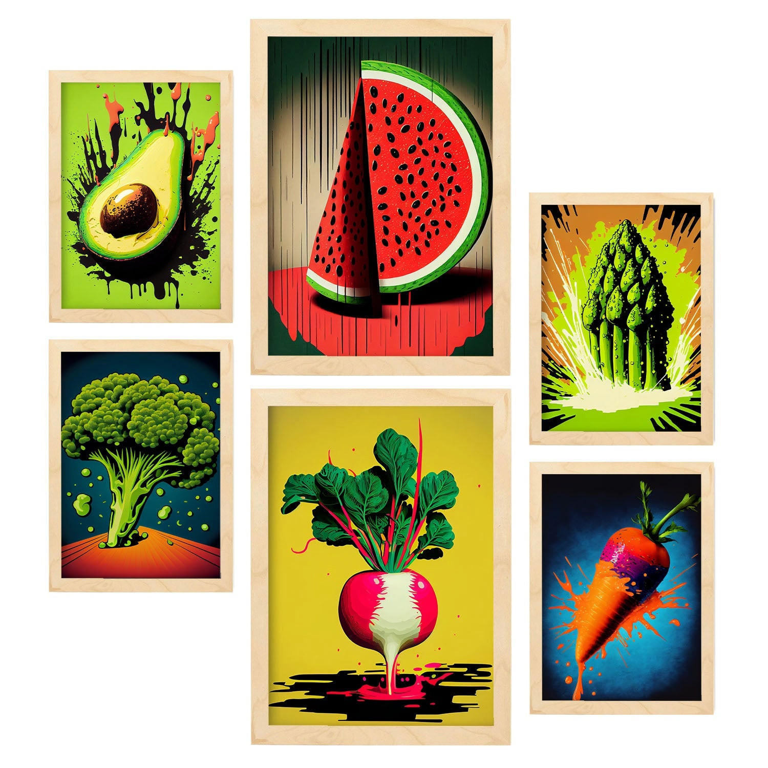 POSTER Set Mit 6 Ausgewogene Ernährung Vollfarbige Plakate Von Obst, Gemüse & Gesunden Lebensmitteln Im Urban Art Stil A3 & A4 Rahmen Aus Hellem Holz - Beige, Papier (29/3cm) - Nacnic