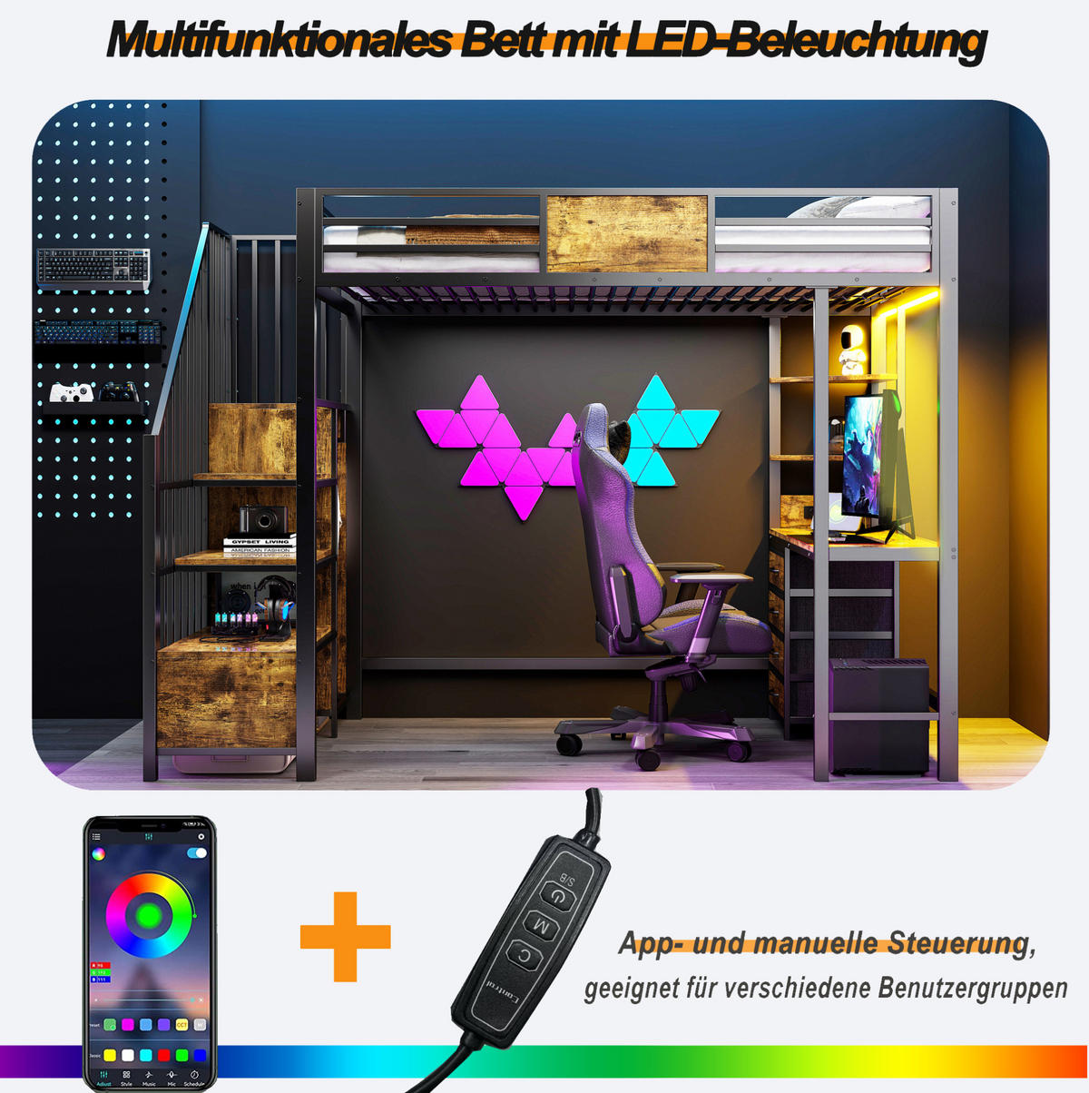 HOCHBETT 90/200 cm aus Metall mit Schreibtisch, Ablagen und LED-Beleuchtung Schwarz - Schwarz, Metall (90/200cm) - Modenvie