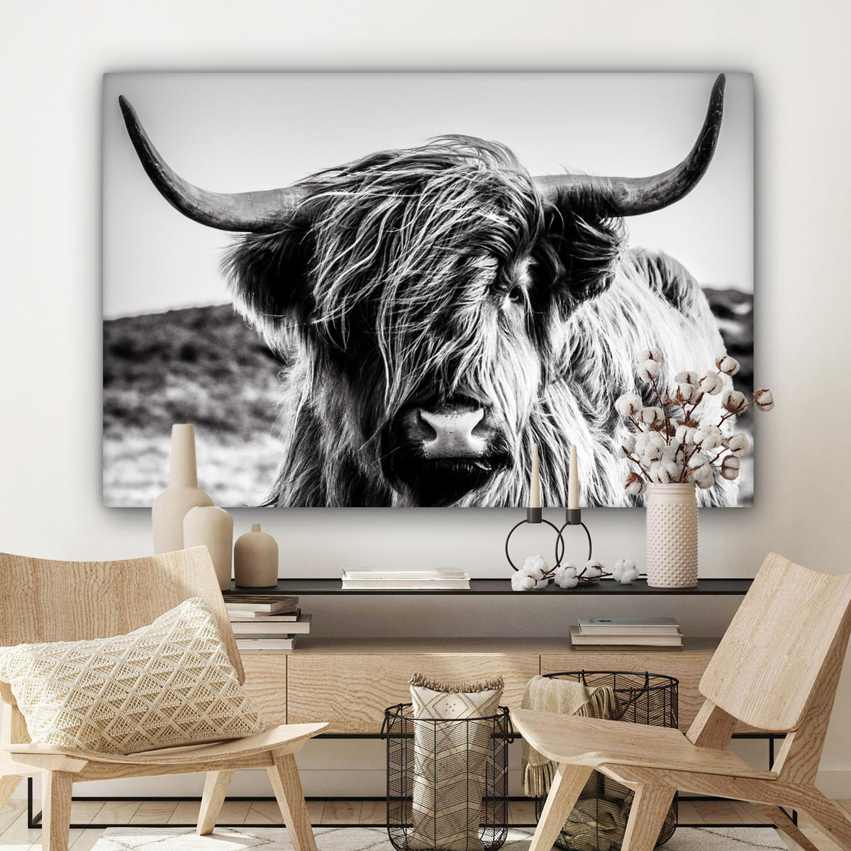 LEINWANDBILD Kuh - Schottischer Hochländer - Schwarz - Weiß - Tier - Natur - Wildtiere XXL 150x100 cm - Schwarz, Textil (150/100cm) - MuchoWow