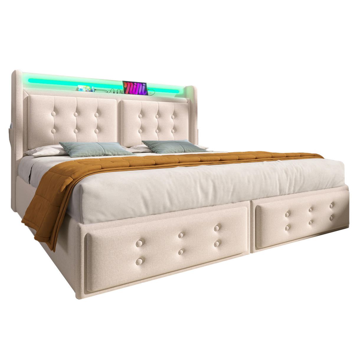 POLSTERBETT 140/200 cm Beige mit LED-Beleuchtung und USB-C-Anschluss - Beige, Textil (140/200cm) - OKWISH