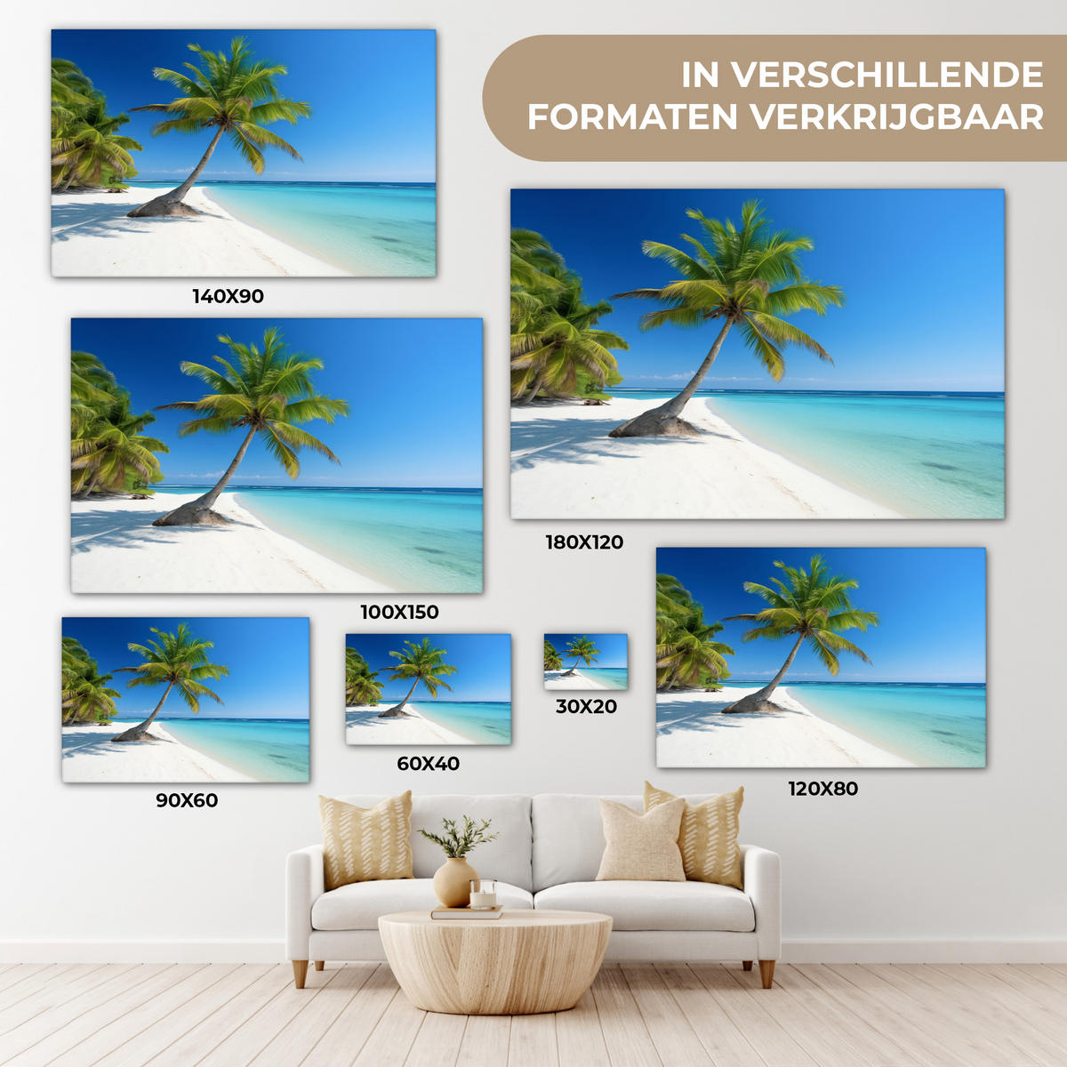 LEINWANDBILD Strand - Palme - Tropisch - Meer Wohnzimmer Groß 120x80 cm - Grün, Textil (120/80cm) - MuchoWow