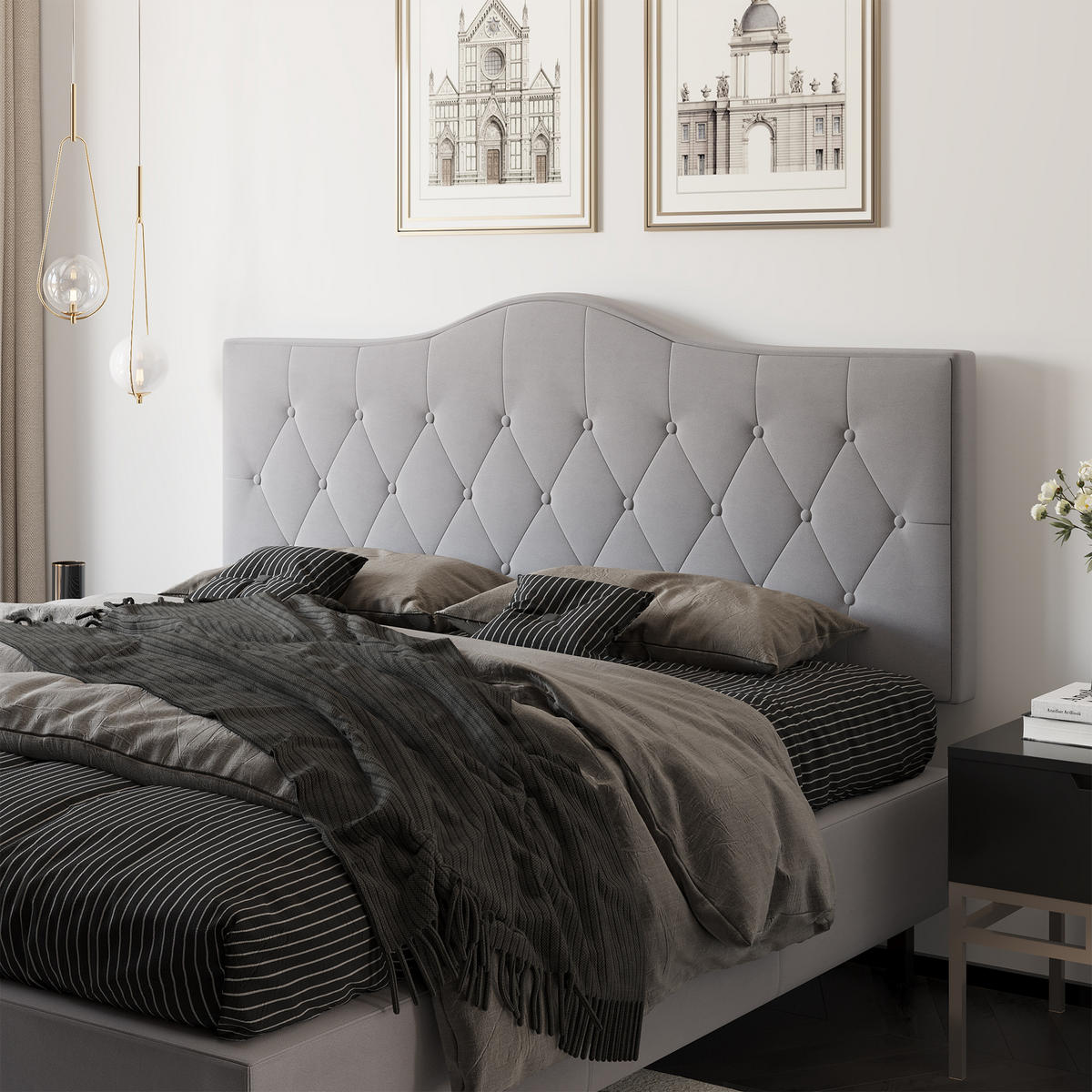 KOPFTEIL für Bett, grau Pappel, Samt, Stoff, 185 x 8 x 134 cm - Grau, Metall (8/134/185cm) - HOMCOM