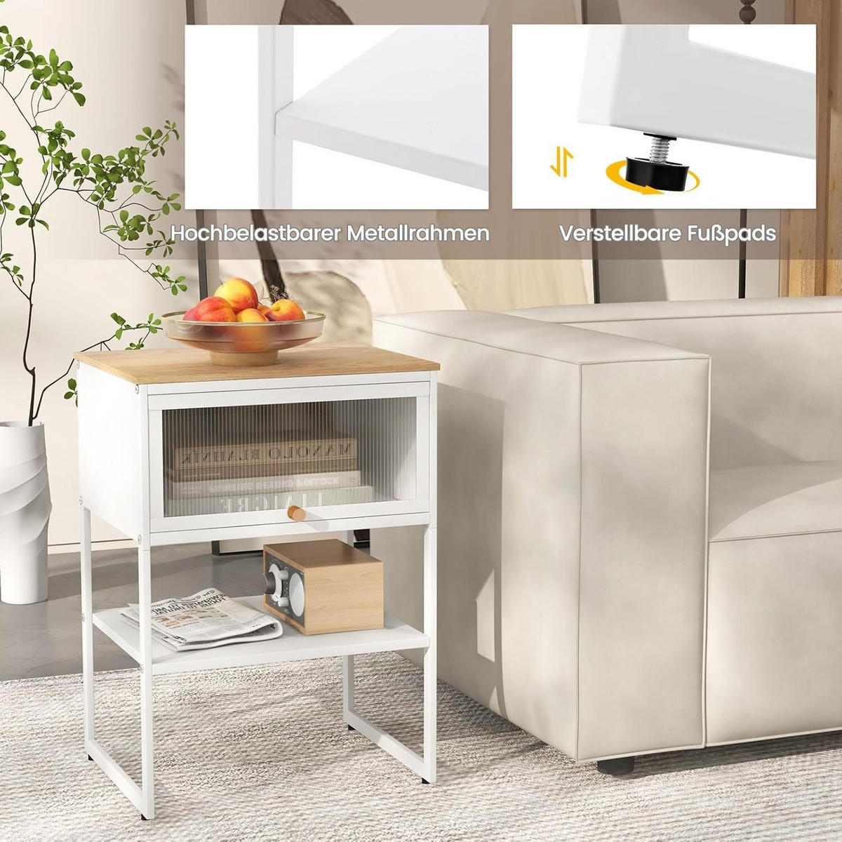NACHTTISCH 56cm weiß - Weiß, Metall (32/56/40cm) - COSTWAY