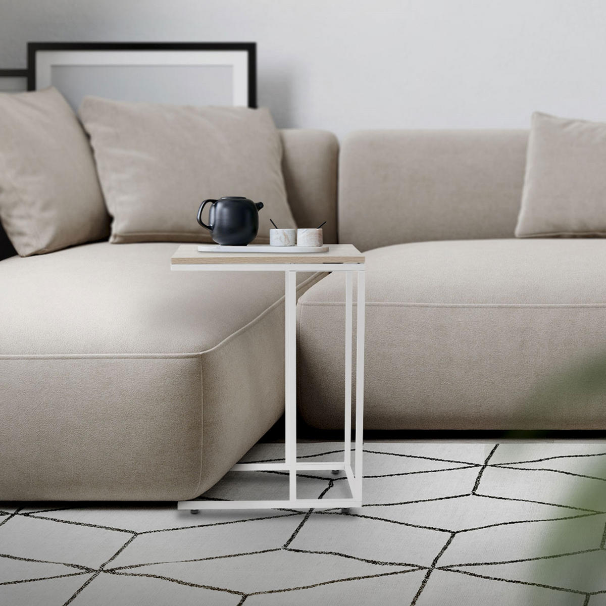 BEISTELLTISCH C-Form Weiß/Eich 45/25/64 cm - Weiß, Metall (45/25/64cm) - ML-DESIGN