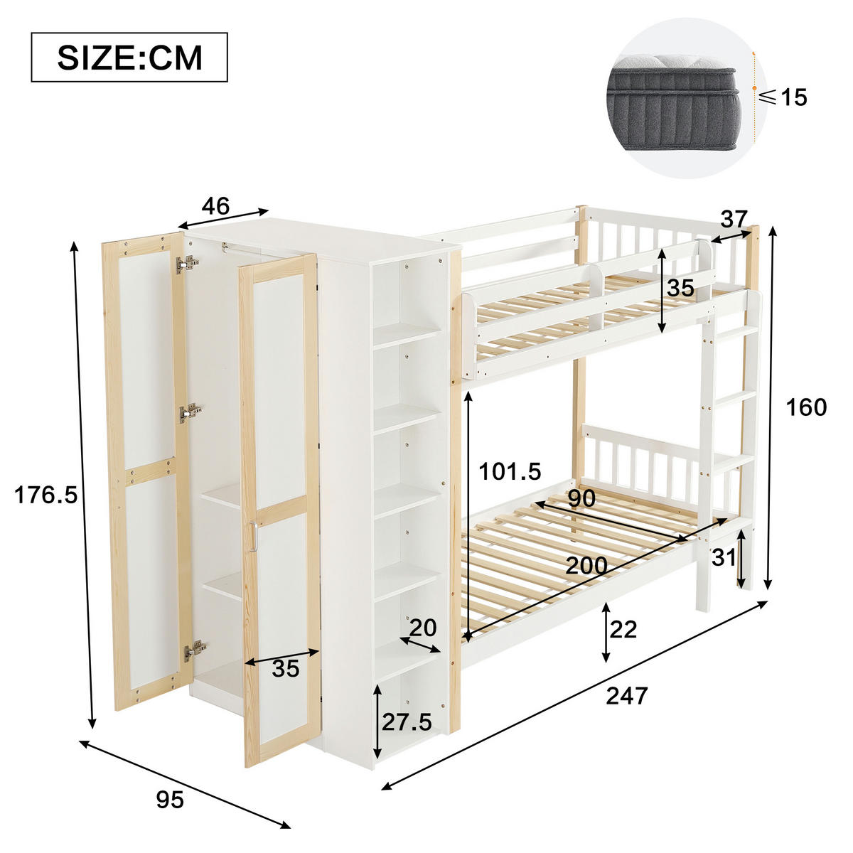ETAGENBETT 90/200 cm Weiß+Natur mit Fallschutz und Kleiderschrank aus Kiefer und MDF - Weiß, Holzwerkstoff (90/200cm) - OKWISH