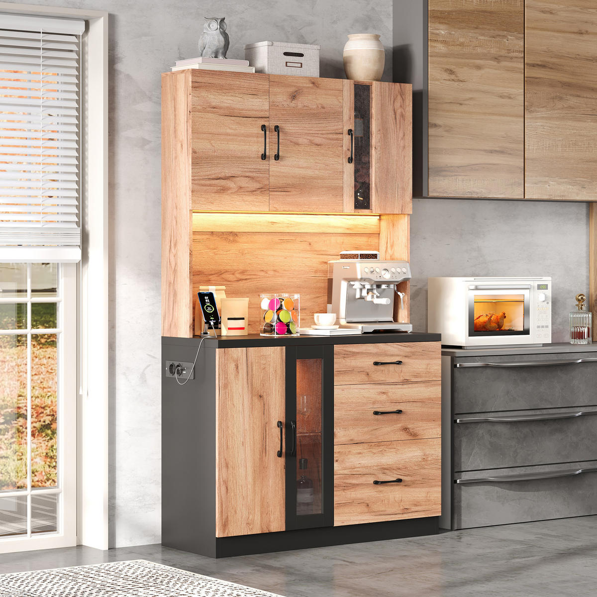 KÜCHENSCHRANK in Naturfarbe Küchenbuffet mit LED-Beleuchtung und Steckdose für Küchen und Esszimmer, B105/T40/H180 cm - Naturfarben, Holzwerkstoff (105/180/40cm) - STILVORA