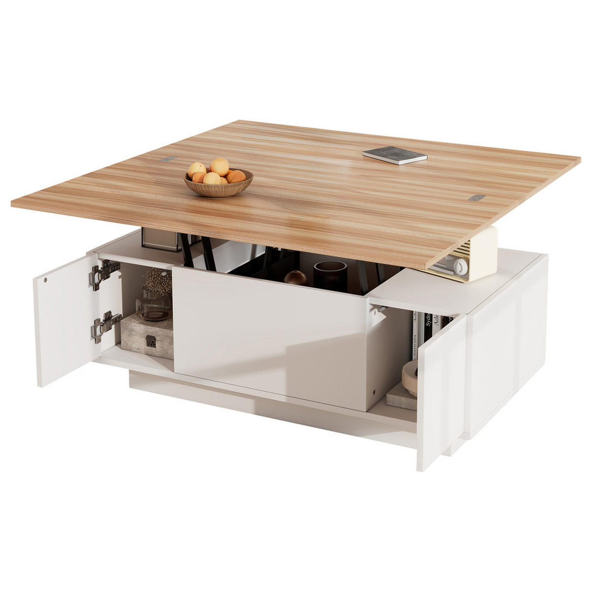 COUCHTISCH Doppel-Hebemechanismus Holzfarben Versteckter Stauraum 50kg - Weiß, Holz (109/61/9.5cm) - FLIEKS