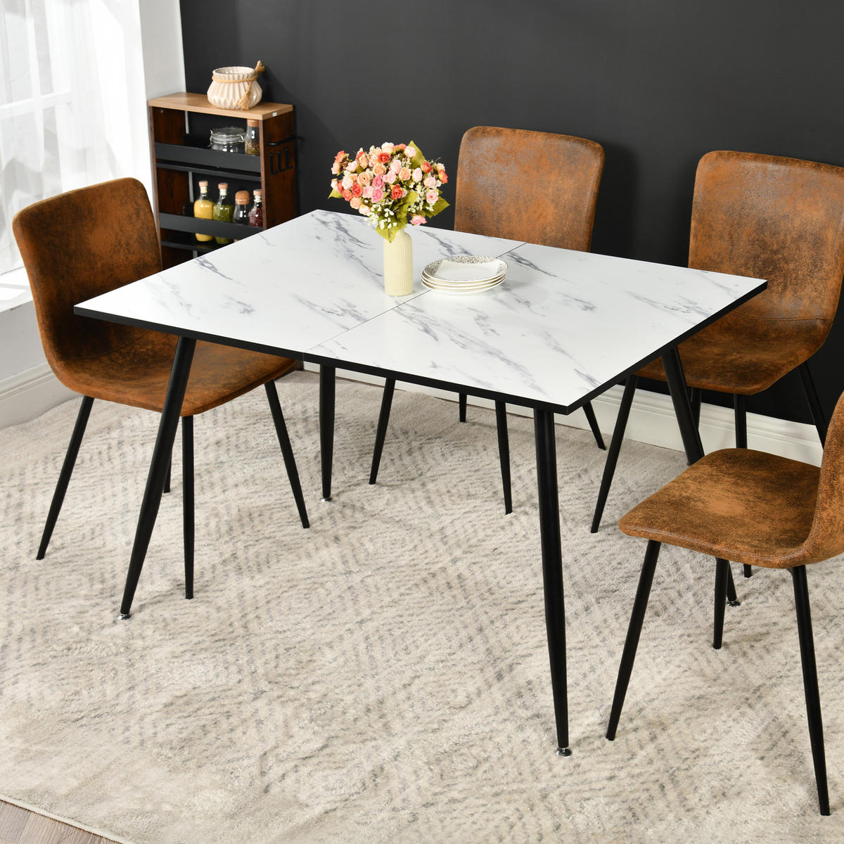 ESSTISCH Weiß Marmormuster rechteckig ausziehbar 120-160/80/75cm - Schwarz/Weiß, Holz/Metall (80/120/75cm) - Urban Meuble